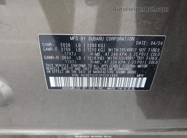 4S4BTGUD2R3282980 2024 SUBARU OUTBACK Green Vista del compartimento del motor
