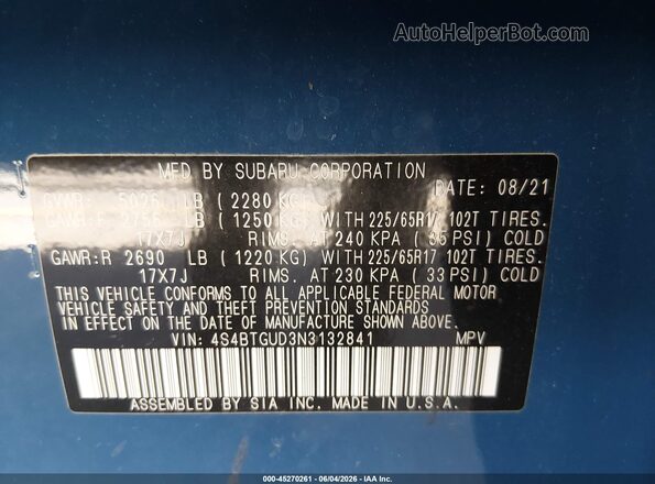 4S4BTGUD3N3132841 2022 SUBARU OUTBACK Blue Vista del compartimento del motor