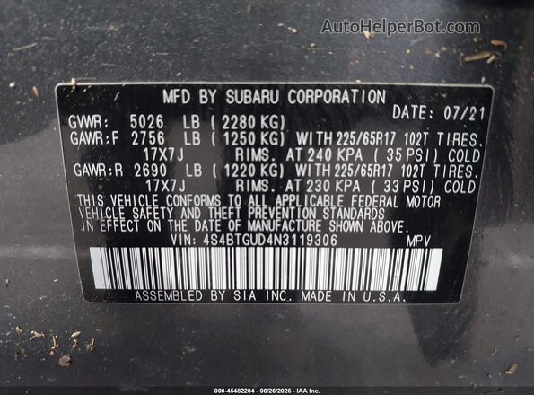 4S4BTGUD4N3119306 2022 SUBARU OUTBACK Gray Vista del compartimento del motor
