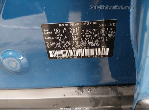 4S4BTGUD5P3139891 2023 SUBARU OUTBACK Blue ძრავის განყოფილების ხედი