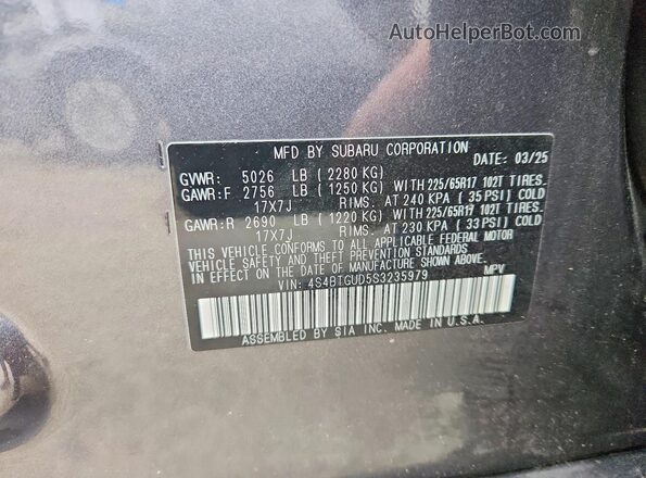 4S4BTGUD5S3235979 2025 SUBARU OUTBACK Gray VIN կոդի պիտակի տեսք