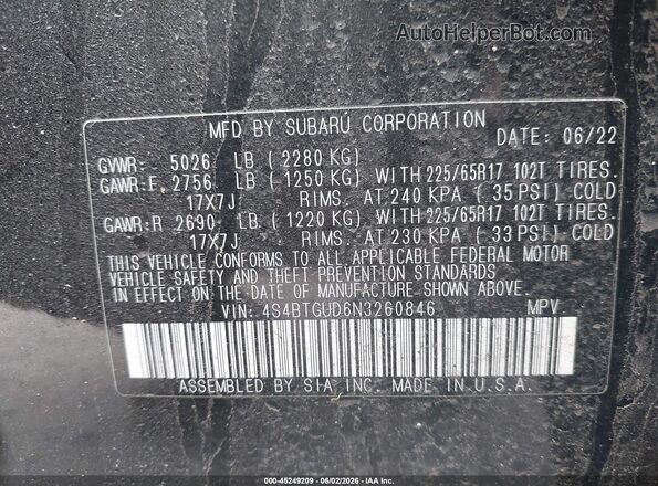 4S4BTGUD6N3260846 2022 SUBARU OUTBACK Black ძრავის განყოფილების ხედი
