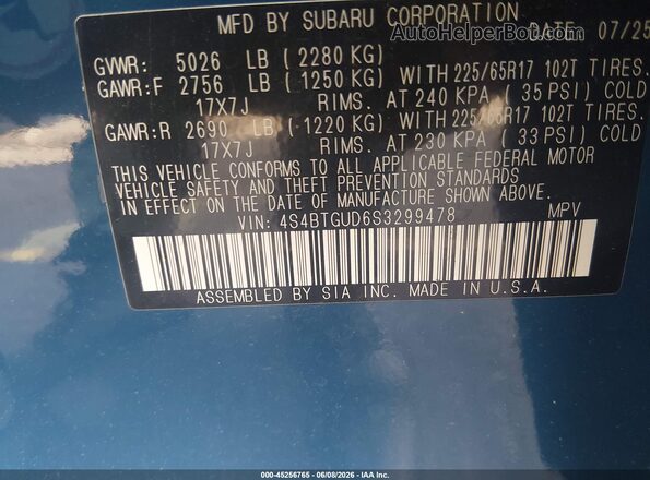 4S4BTGUD6S3299478 2025 SUBARU OUTBACK Синий Вид подкапотного пространства