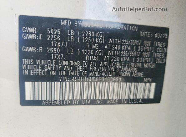 4S4BTGUD8R3162830 2024 SUBARU OUTBACK White Widok wnętrza 360 stopni
