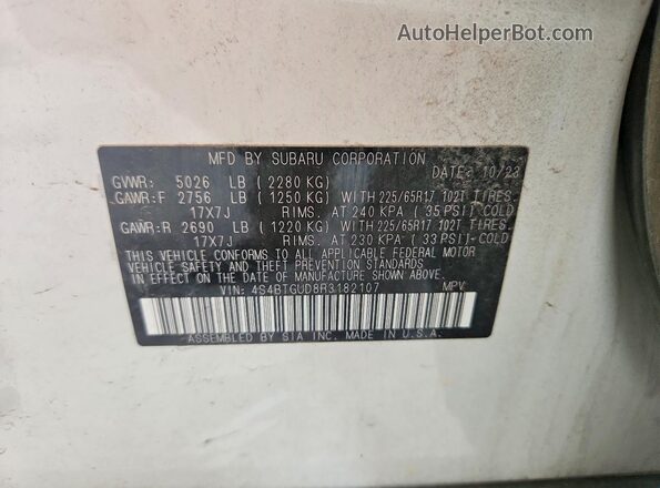 4S4BTGUD8R3182107 2024 SUBARU OUTBACK White Вид наклейки з VIN-кодом