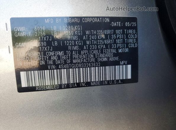 4S4BTGUD8S3263632 2025 SUBARU OUTBACK Blue VIN կոդի պիտակի տեսք