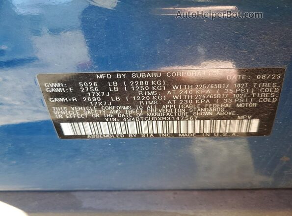 4S4BTGUDXR3147567 2024 SUBARU OUTBACK Blue Widok wnętrza 360 stopni