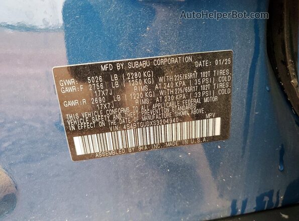 4S4BTGUDXS3204940 2025 SUBARU OUTBACK Blue VIN კოდის სტიკერის ხედი