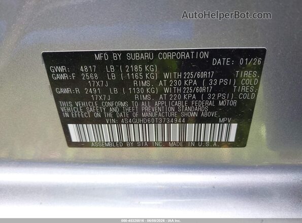 4S4GUHD60T3734944 2026 SUBARU CROSSTREK Серебряный Вид подкапотного пространства
