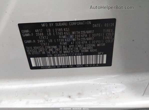 4S4GUHD61T3745841 2026 SUBARU CROSSTREK White Շարժիչի բաժամունքի տեսք