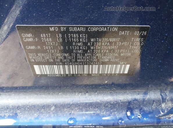 4S4GUHD63T3742407 2026 SUBARU CROSSTREK Blue 