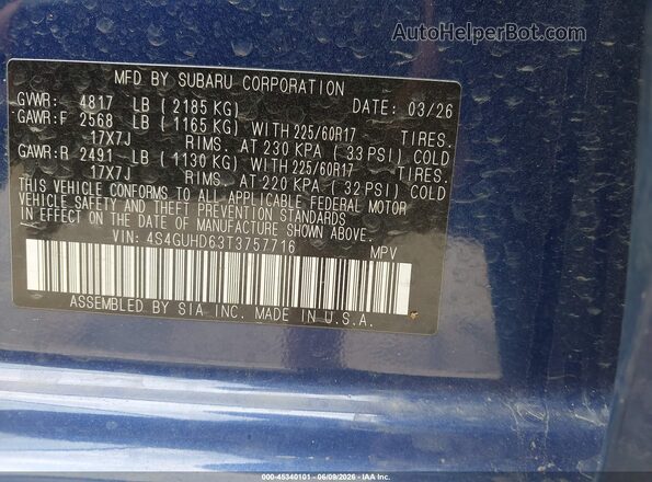 4S4GUHD63T3757716 2026 SUBARU CROSSTREK Blue Vista del compartimento del motor
