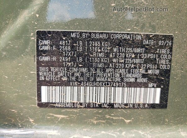 4S4GUHD6XT3749175 2026 SUBARU CROSSTREK Green VIN կոդի պիտակի տեսք