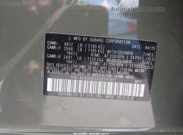 4S4GUHF63S3741611 2025 SUBARU CROSSTREK Green Vista del compartimento del motor
