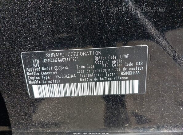 4S4GUHF64S3775931 2025 SUBARU CROSSTREK Black უკანა სალონის ხედი