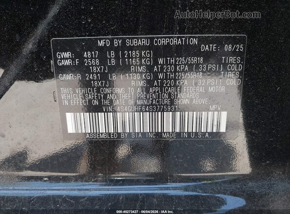 4S4GUHF64S3775931 2025 SUBARU CROSSTREK Black ძრავის განყოფილების ხედი