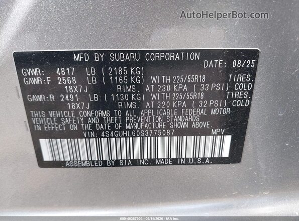 4S4GUHL60S3775087 2025 SUBARU CROSSTREK Gray ძრავის განყოფილების ხედი