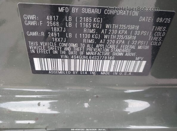 4S4GUHL64S3779160 2025 SUBARU CROSSTREK Green Widok komory silnika