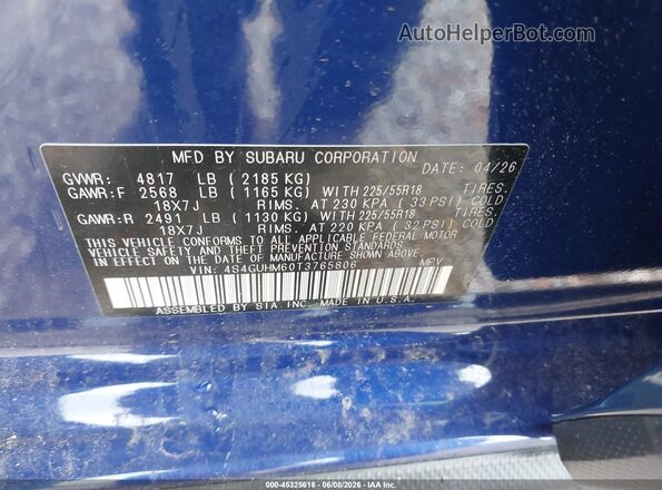4S4GUHM60T3765806 2026 SUBARU XVC Blue 