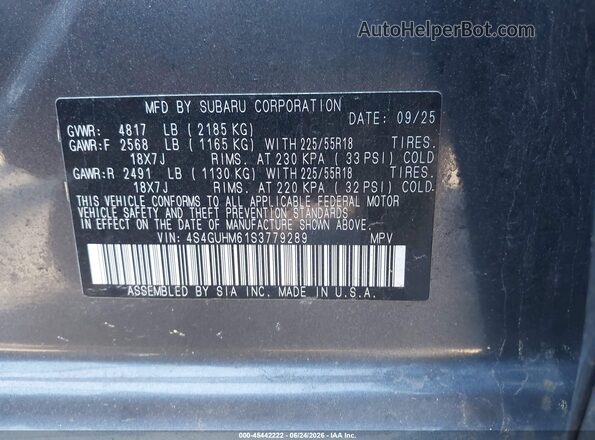 4S4GUHM61S3779289 2025 SUBARU CROSSTREK Gray Շարժիչի բաժամունքի տեսք