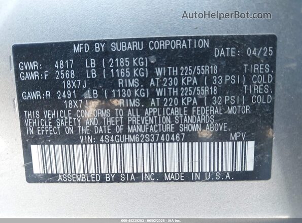 4S4GUHM62S3740467 2025 SUBARU CROSSTREK Серебряный Вид подкапотного пространства