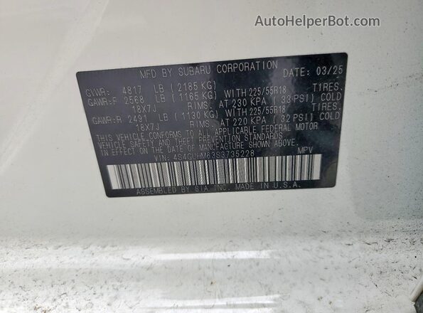 4S4GUHM63S3735228 2025 SUBARU CROSSTREK White 