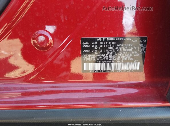 4S4GUHM65S3746019 2025 SUBARU CROSSTREK Red Widok komory silnika