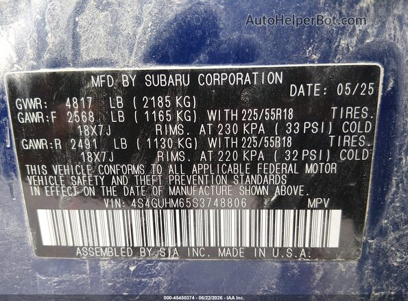 4S4GUHM65S3748806 2025 SUBARU CROSSTREK Синий Вид подкапотного пространства
