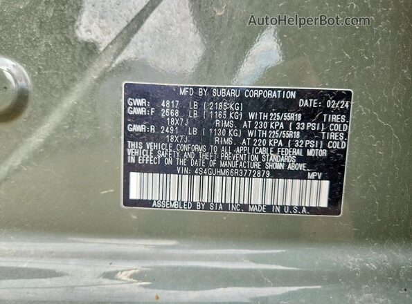 4S4GUHM66R3772879 2024 SUBARU CROSSTREK Green Widok naklejki z numerem VIN