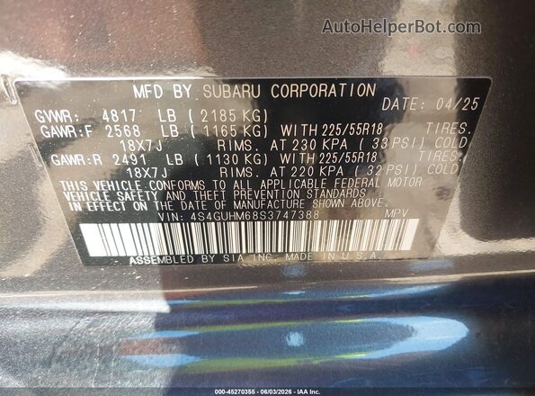 4S4GUHM68S3747388 2025 SUBARU CROSSTREK Gray 