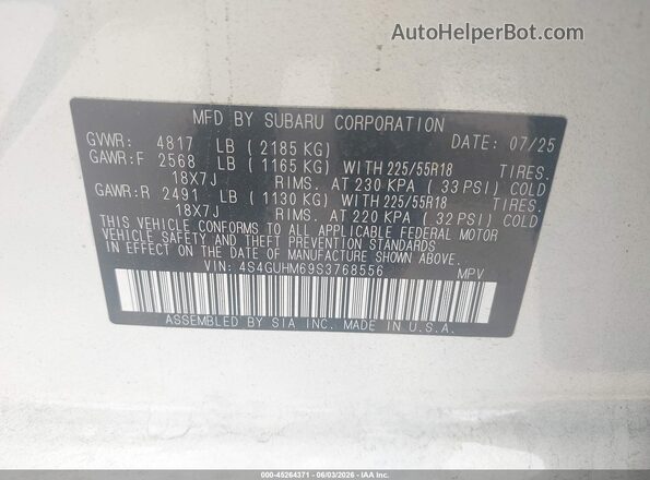 4S4GUHM69S3768556 2025 SUBARU CROSSTREK White Vista del compartimento del motor