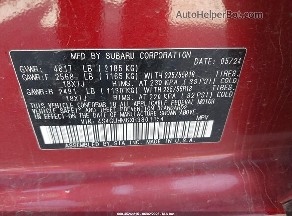 4S4GUHM6XR3801154 2024 SUBARU CROSSTREK Red ძრავის განყოფილების ხედი