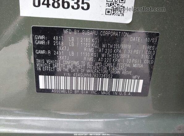 4S4GUHN67R3736052 2024 SUBARU CROSSTREK Green Widok komory silnika