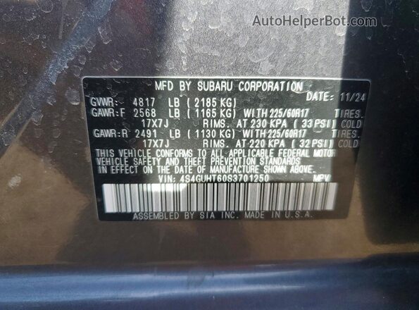 4S4GUHT60S3701250 2025 SUBARU CROSSTREK Charcoal VIN კოდის სტიკერის ხედი