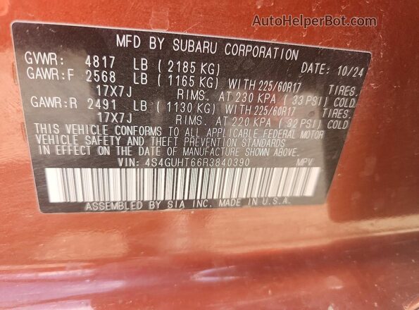 4S4GUHT66R3840390 2024 SUBARU CROSSTREK Оранжевый Вид наклейки с VIN-кодом