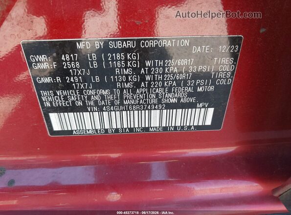 4S4GUHT68R3749492 2024 SUBARU CROSSTREK Red Widok komory silnika