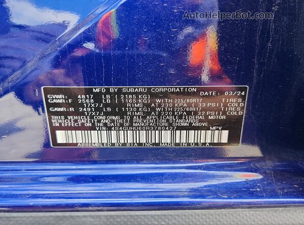 4S4GUHU60R3780427 2024 SUBARU CROSSTREK Blue VIN կոդի պիտակի տեսք