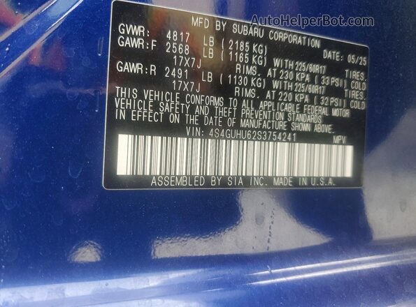 4S4GUHU62S3754241 2025 SUBARU CROSSTREK Blue Widok naklejki z numerem VIN