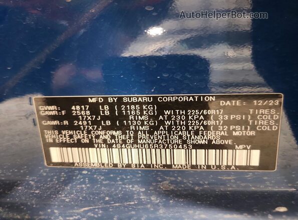 4S4GUHU65R3750453 2024 SUBARU CROSSTREK Blue Widok naklejki z numerem VIN