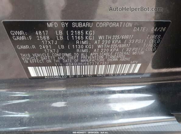 4S4GUHU66T3767950 2026 SUBARU CROSSTREK Gray Вид підкапотного простору