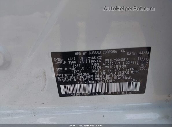 4S4GUHU6XS3776875 2025 SUBARU CROSSTREK White Вид підкапотного простору