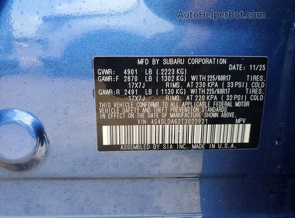 4S4SLDA62T3023921 2026 SUBARU FORESTER Blue VIN sticker view