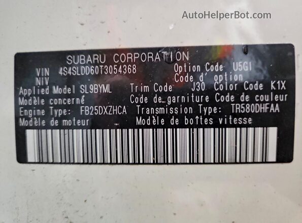 4S4SLDD60T3054368 2026 SUBARU FORESTER Белый Вид наклейки с VIN-кодом