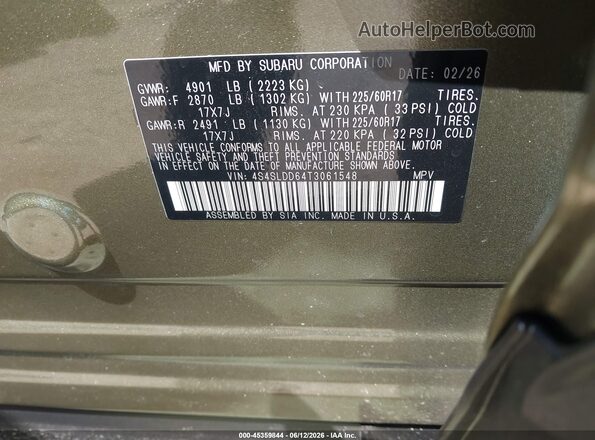 4S4SLDD64T3061548 2026 SUBARU FORESTER Green Շարժիչի բաժամունքի տեսք