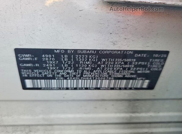 4S4SLDH66T3006786 2026 SUBARU FORESTER White Vista de la etiqueta del VIN