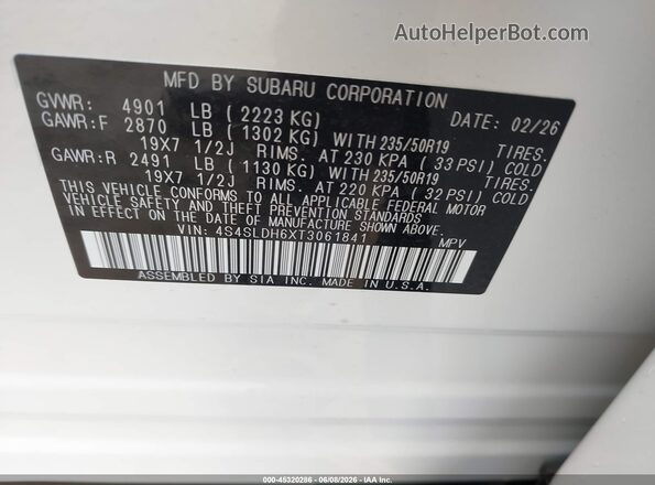 4S4SLDH6XT3061841 2026 SUBARU FORESTER White 