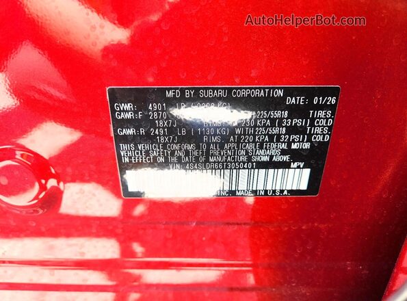4S4SLDR66T3050401 2026 SUBARU FORESTER Бордовый Вид наклейки с VIN-кодом