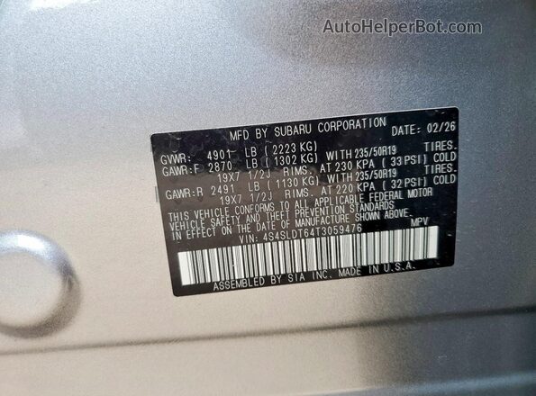 4S4SLDT64T3059476 2026 SUBARU FORESTER Silver VIN կոդի պիտակի տեսք