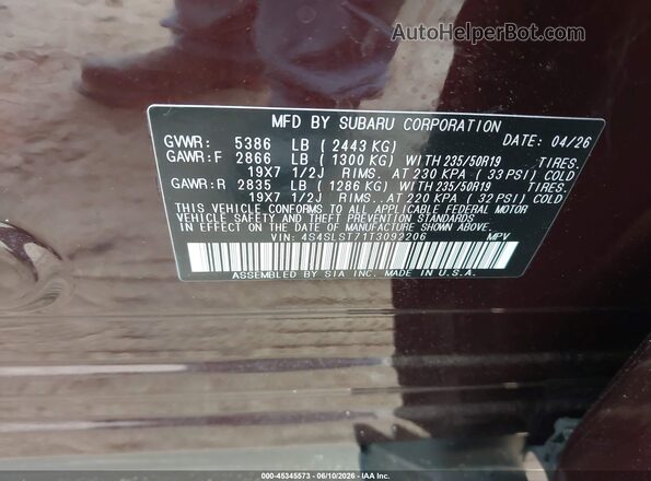 4S4SLST71T3092206 2026 SUBARU FORESTER Maroon ძრავის განყოფილების ხედი