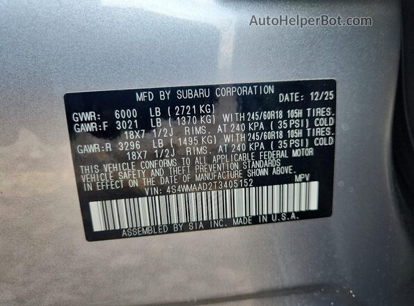4S4WMAAD2T3405152 2026 SUBARU ASCENT Silver VIN կոդի պիտակի տեսք